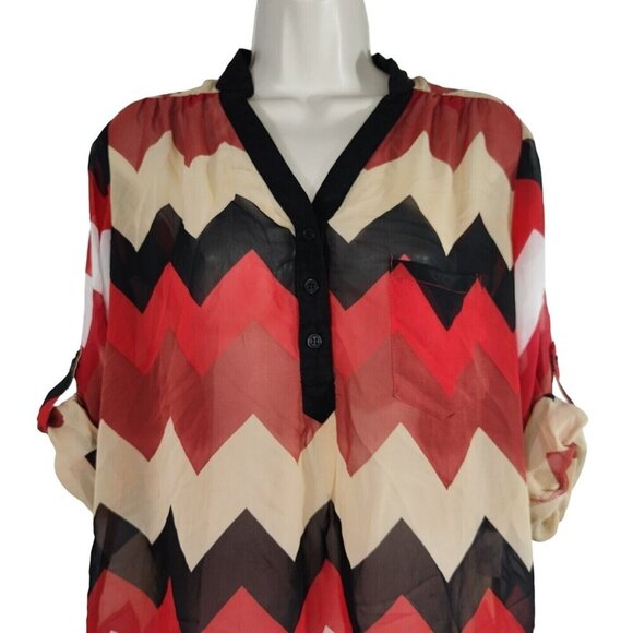 Takara Red Tan Black Shirt Blouse Women Size M Roll Tab Sleeve Chevron Print - Picture 2 of 10